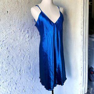 Vintage Lingerie Women's Blue Satin Chemise Medium Nightgown Y2K